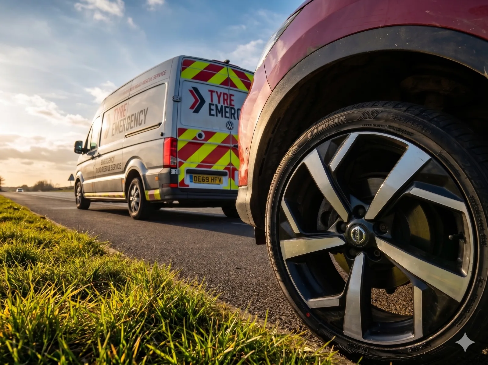 Tyre Emergency Ltd fitter replacing a flat tyre at the roadside