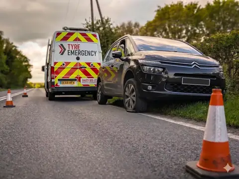 Tyre Emergency van at the roadside beside a car with a flat tyre