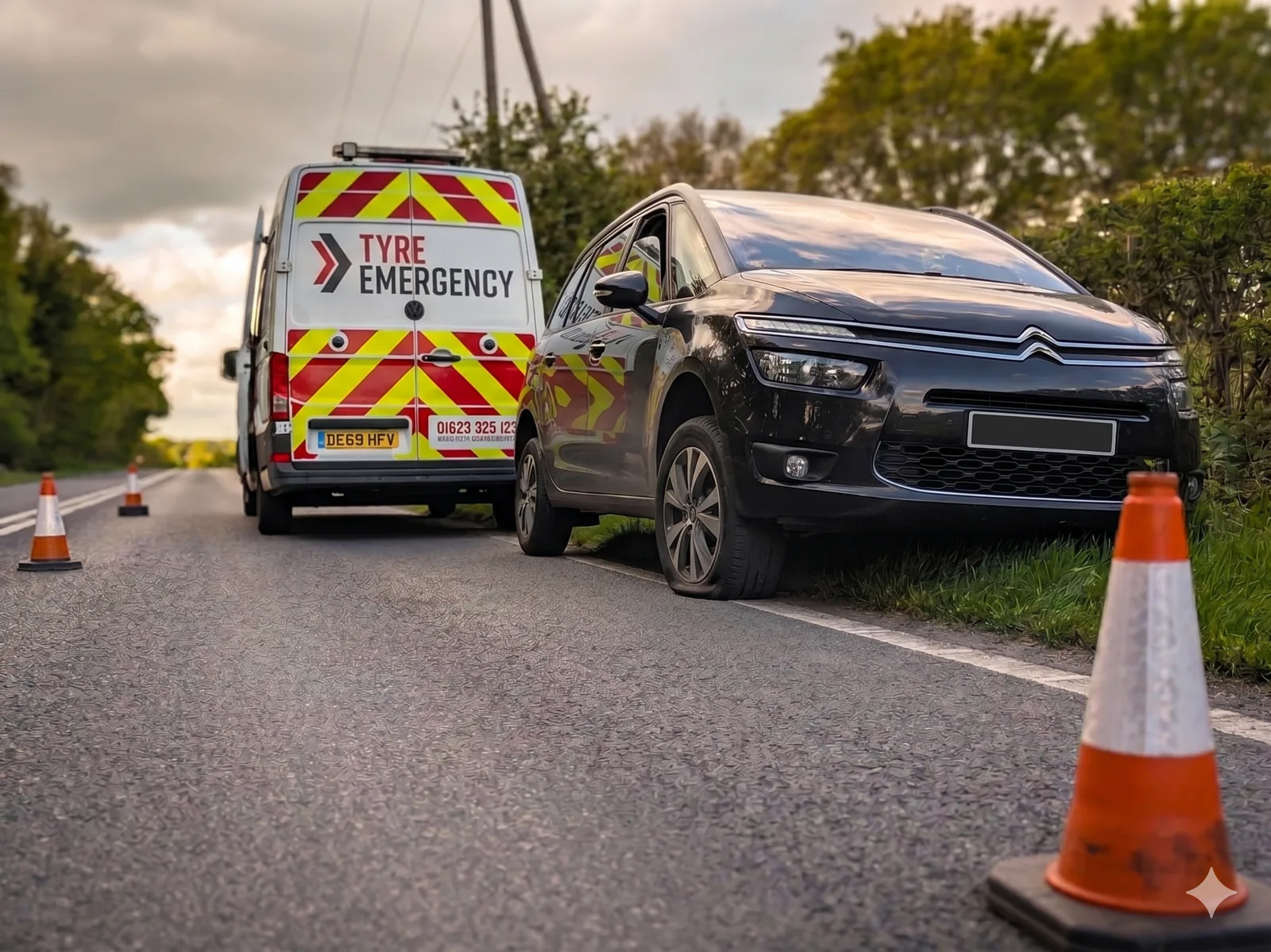 Tyre Emergency Ltd service van and traffic cones at the roadside next to a customer's car with a flat tyre