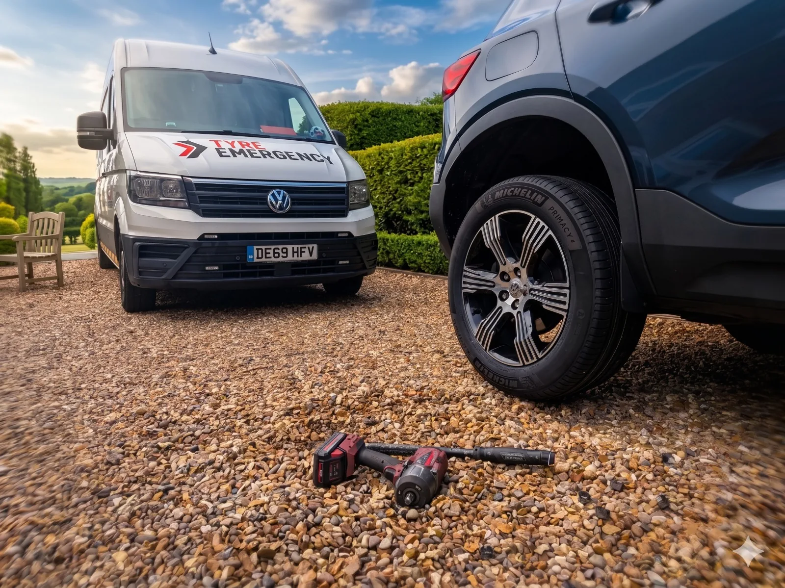 Tyre Emergency Ltd fitter mounting a new tyre on a customer's car on the driveway